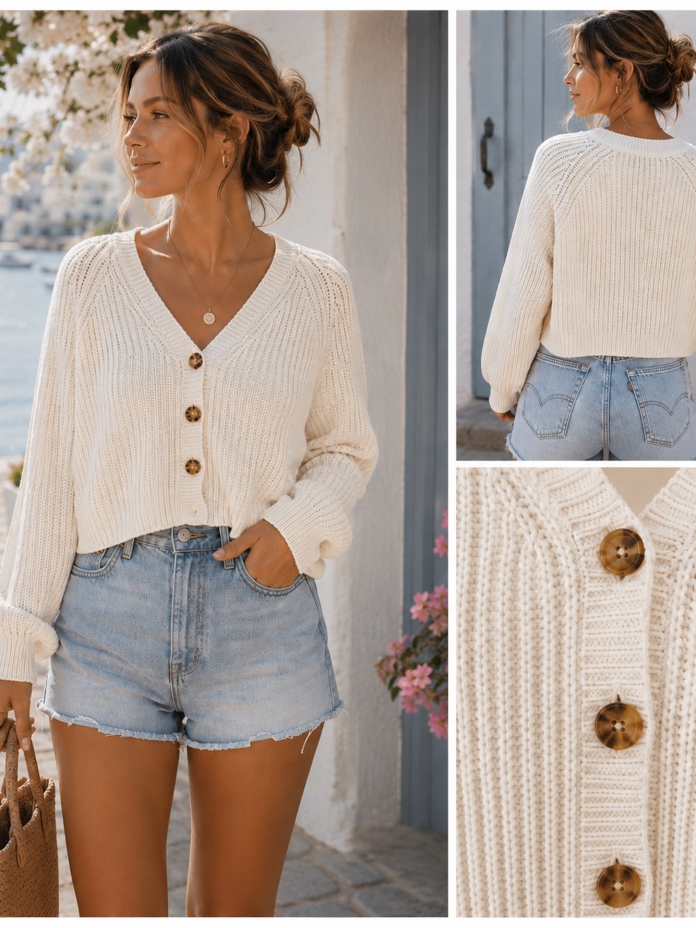 Hollister Cropped Creamy White V-Neck Button Down Ribbed Knit Cardigan